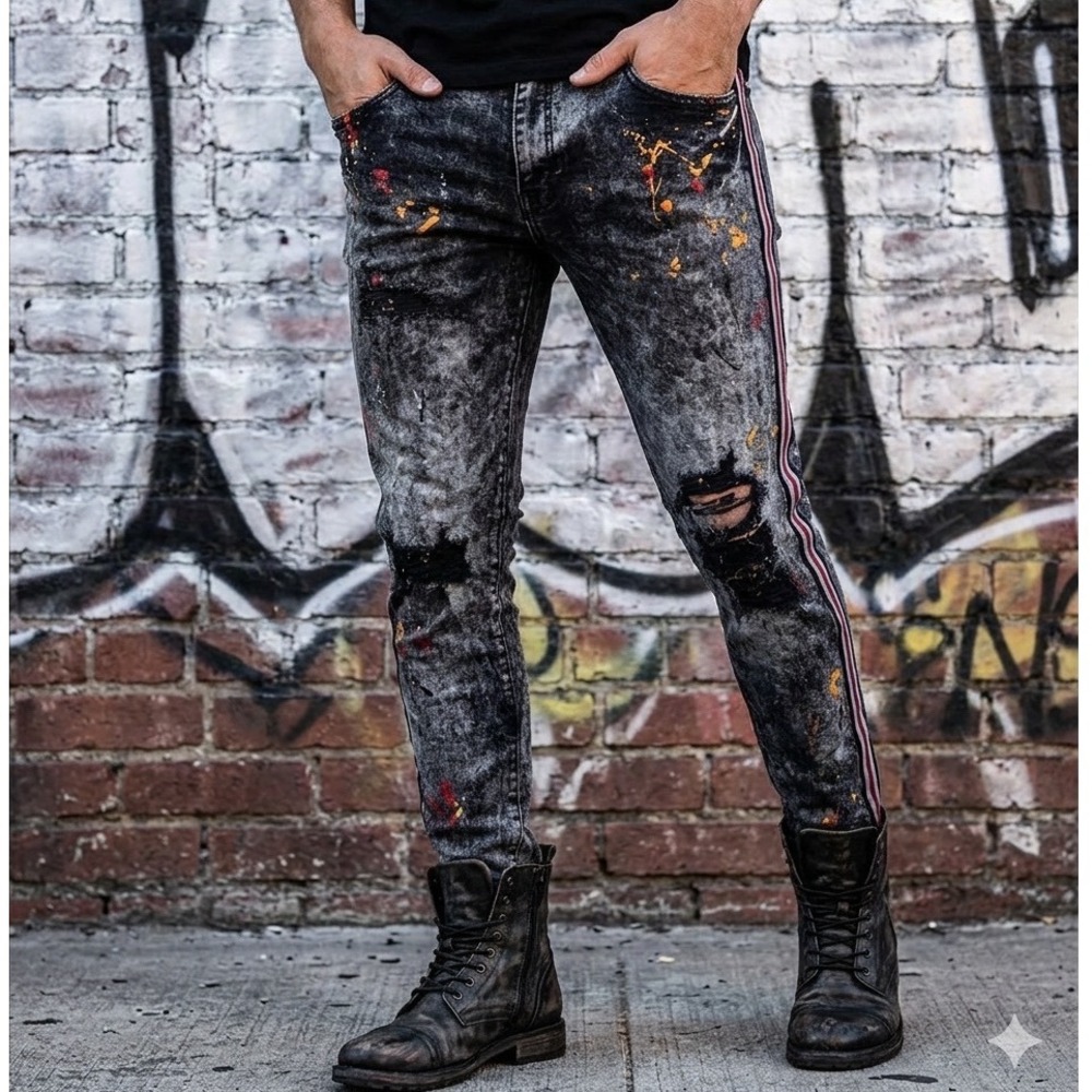 Jordan Craig Legacy Edition Side Stripe Black Acid Paint Splatter Jeans 38 x 32‎